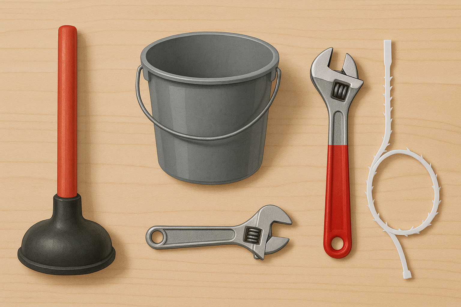 Tools for unclogging a sink: plunger, bucket, wrench, zip-tie snake